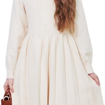 Girl's Sweater Dress Long Sleeve Button Pleated Casual Fall Winter Knit Dresses 5-12Y