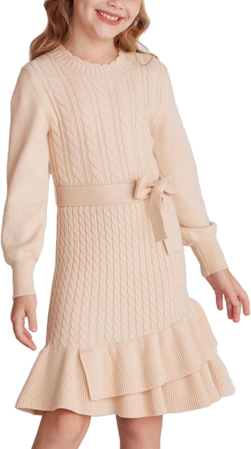 Girls Sweater Dress Fall Winter Long Sleeve 2 Layer Knitted Dresses Size 6-14