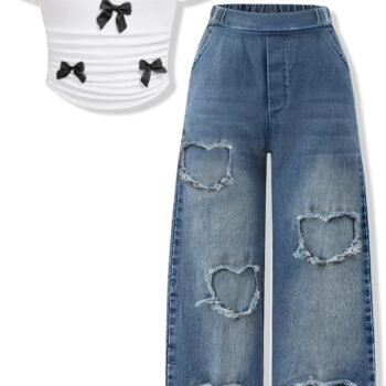 Size 7-14 Years Girls 2 Piece Outfits Bow Short-Sleeved Top and Jeans Pants Clothing Set