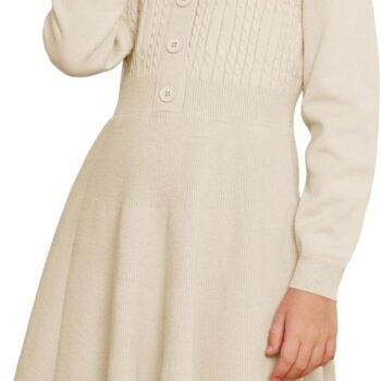Girl Dress Long Sleeve Sweater Ruffle Button Front Knit Casual Fall Winter Dresses for Girls 5-12