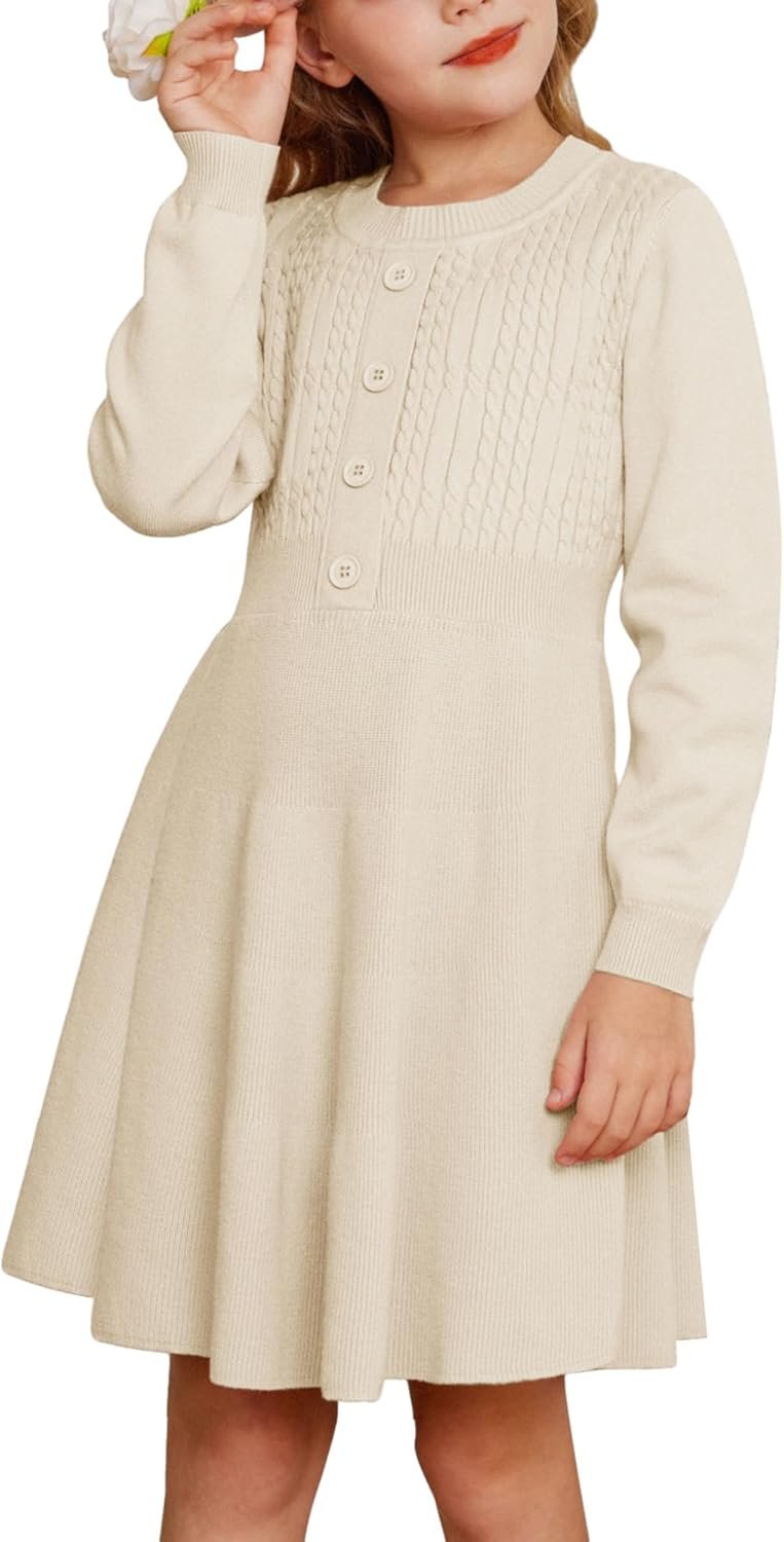 Girl Dress Long Sleeve Sweater Ruffle Button Front Knit Casual Fall Winter Dresses for Girls 5-12