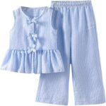 Girl's 2 Piece Summer Outfits Bow Striped Ruffle Peplum Tank Top and Wide Leg Pants Cute Clothing Sets