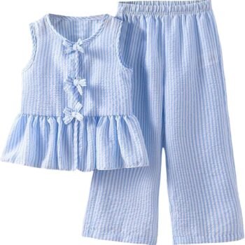 Girl's 2 Piece Summer Outfits Bow Striped Ruffle Peplum Tank Top and Wide Leg Pants Cute Clothing Sets