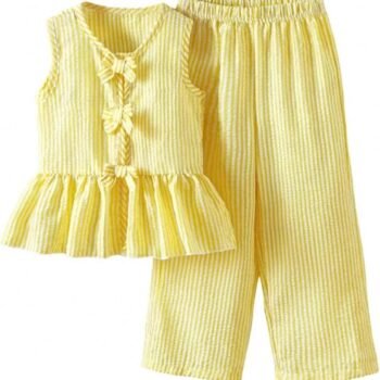 Girl's 2 Piece Summer Outfits Bow Striped Ruffle Peplum Tank Top and Wide Leg Pants Cute Clothing Sets