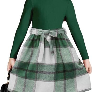 Girls Dresses Long Sleeve Rib Knit Plaid Patchwork Belted Dress with Pockets