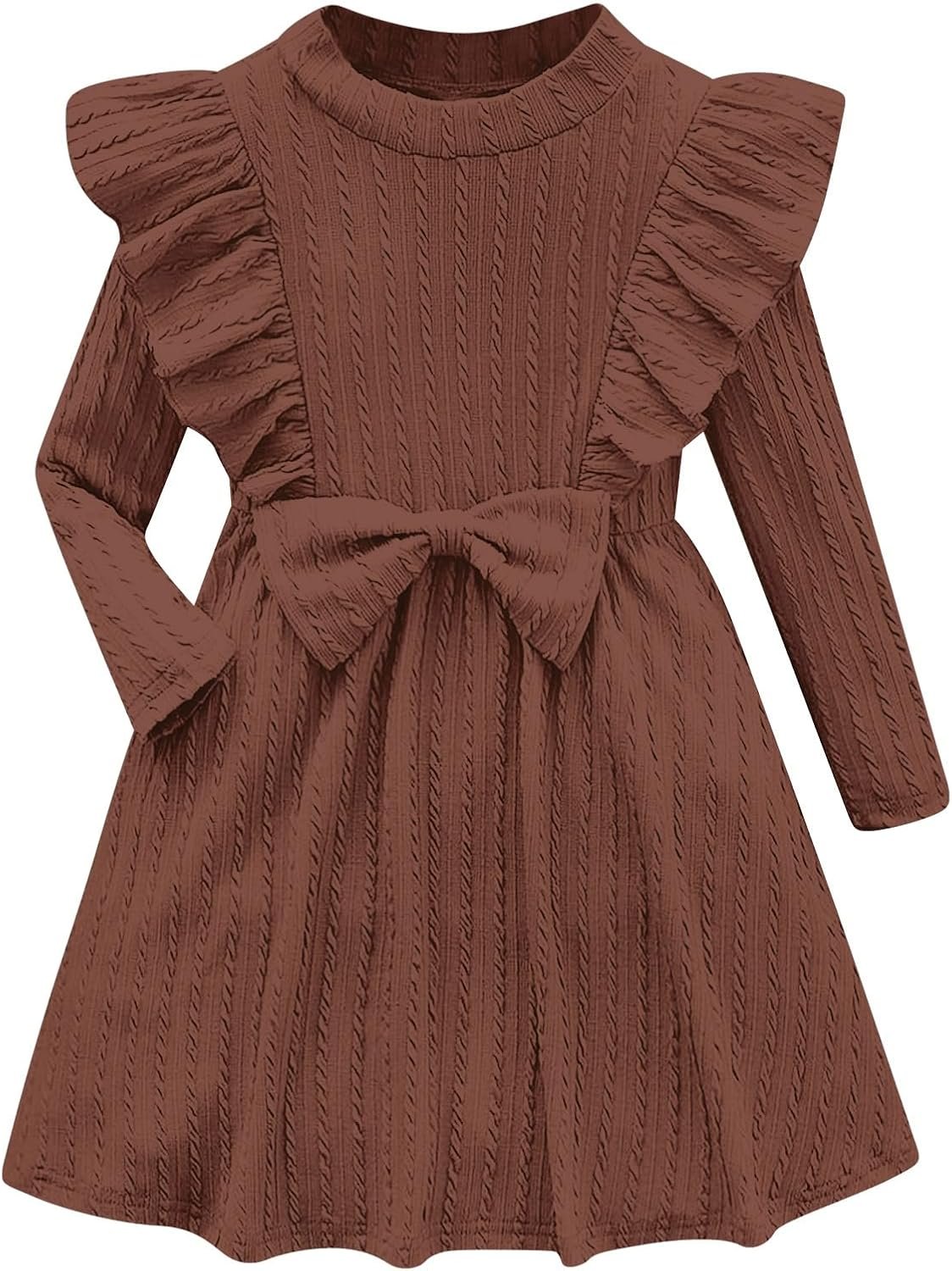 Girls Long Sleeve Ruffle Dresses Solid Ribbed Knit Fall Winter Dress for Toddler Casual Bowknot Dresses 2-6 Years