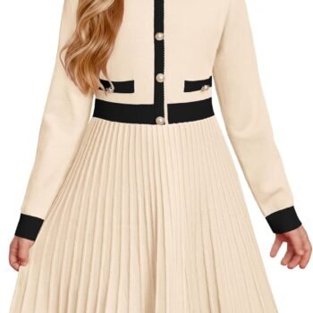 Girls Sweater Fall Dress Long Sleeve Knit A Line Contrast Casual Winter Dresses 6-14Y