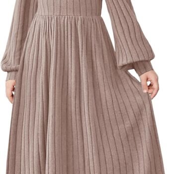 Girls Sweater Dress Fall Winter Lantern Long Sleeve Crew Neck Casual Flowy Knit Maxi Dresses with Pockets for 6-12 Y