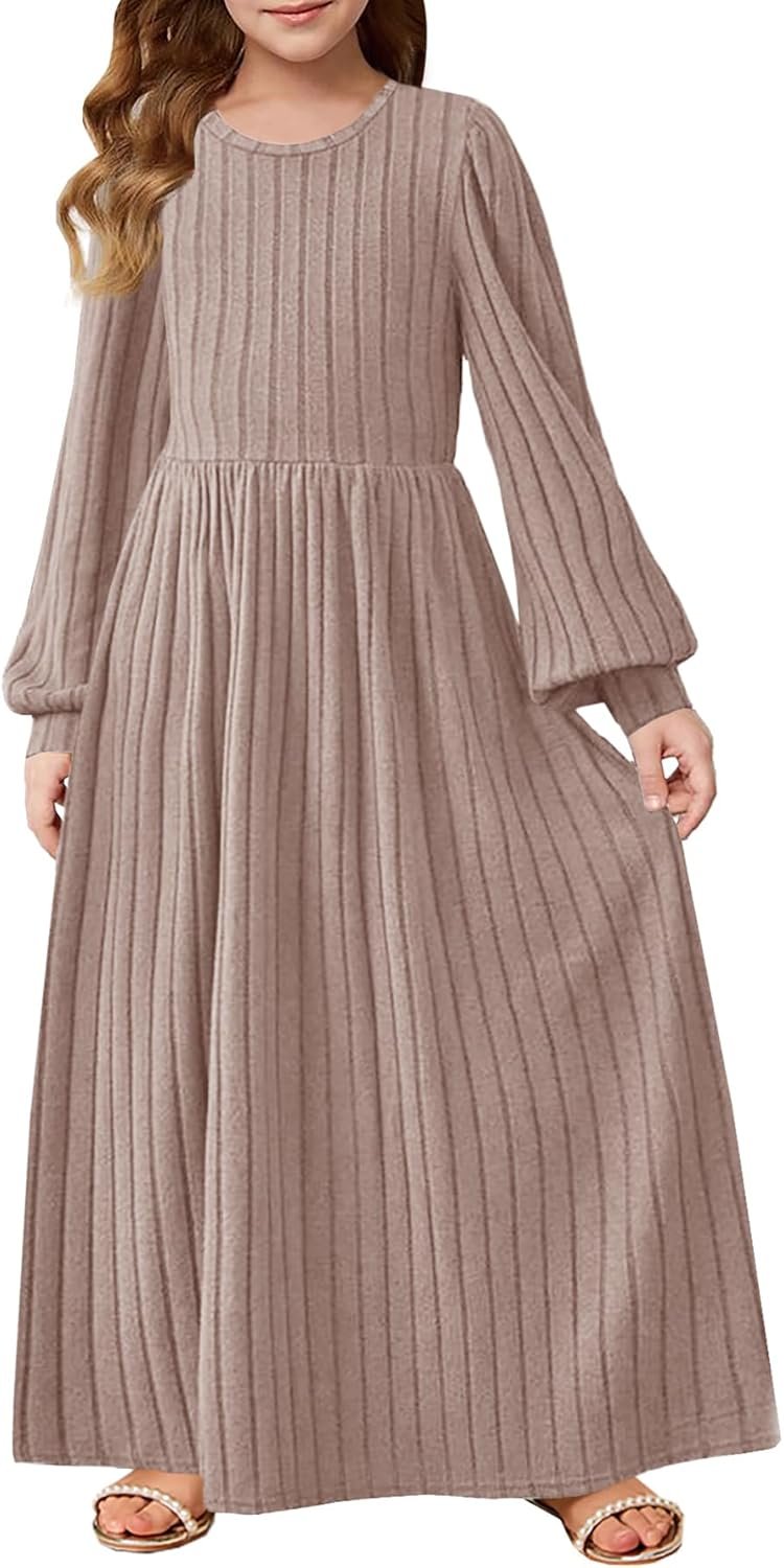 Girls Sweater Dress Fall Winter Lantern Long Sleeve Crew Neck Casual Flowy Knit Maxi Dresses with Pockets for 6-12 Y