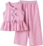 Girl's 2 Piece Summer Outfits Bow Striped Ruffle Peplum Tank Top and Wide Leg Pants Cute Clothing Sets