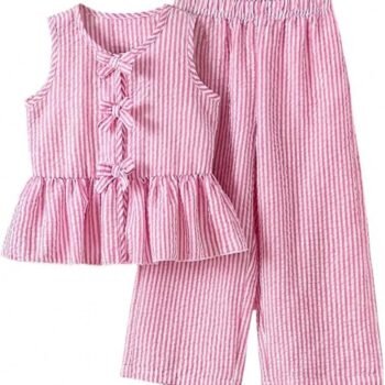 Girl's 2 Piece Summer Outfits Bow Striped Ruffle Peplum Tank Top and Wide Leg Pants Cute Clothing Sets