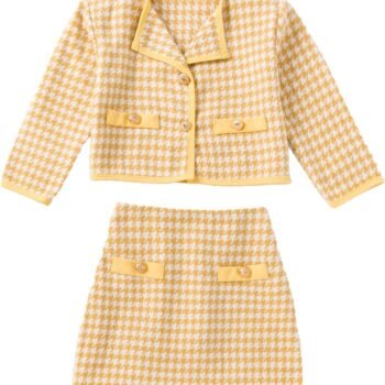 Girl's 2 Piece Houndstooth Outfits Tweed Jacket and Skirt Set Tea Party Suits
