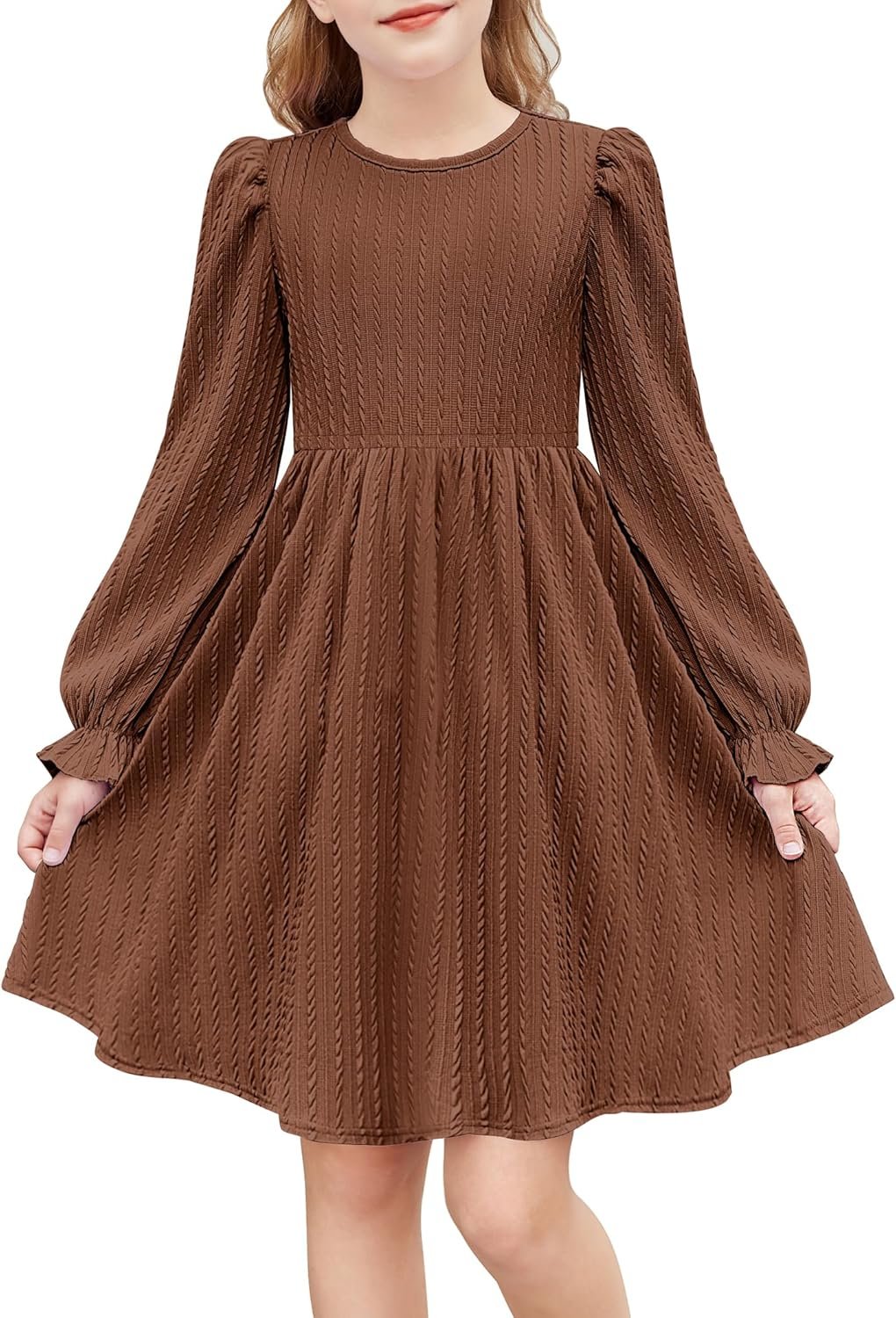 Girls Knit Dresses Puff Long Sleeve Fall Winter Casual Holiday Sweater Dress with Pockets