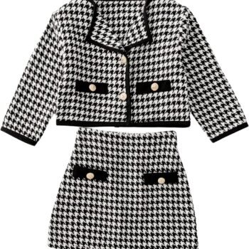Girl's 2 Piece Houndstooth Outfits Tweed Jacket and Skirt Set Tea Party Suits