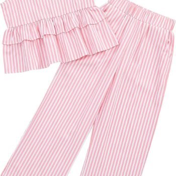 Girl's 2 Piece Striped Outfits Cami Top Wide Leg Pants Ruffle Hem Summer Clothes with 2 Pockets 3-14Y