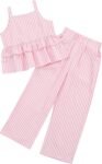 Girl's 2 Piece Striped Outfits Cami Top Wide Leg Pants Ruffle Hem Summer Clothes with 2 Pockets 3-14Y