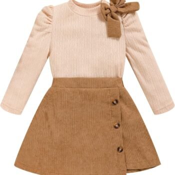 Toddler Girl Plaid Outfits Fall Winter Dress Knit Ribbed Bow Sweatshirt Tops and Button Fashion Skirts Set