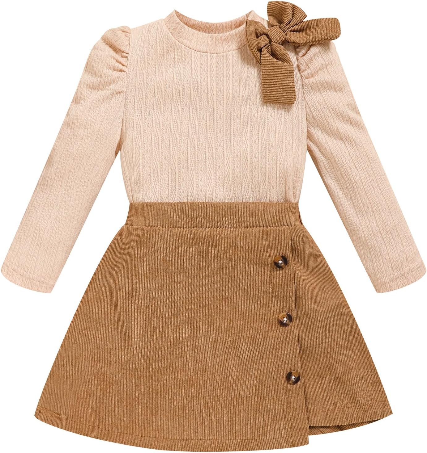 Toddler Girl Plaid Outfits Fall Winter Dress Knit Ribbed Bow Sweatshirt Tops and Button Fashion Skirts Set
