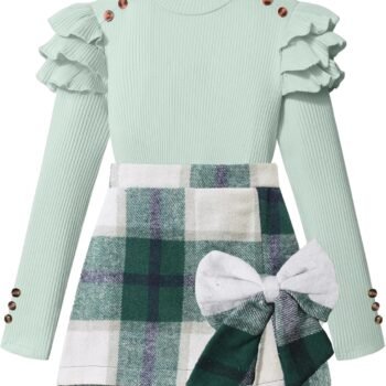 Girls Clothes Ruffle Long Sleeve shirt Top and Bowtie Plaid Skort Set 2PCS Girls Fall Outfits 6-16 Years