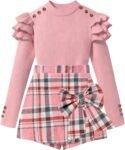 Girls Clothes Ruffle Long Sleeve shirt Top and Bowtie Plaid Skort Set 2PCS Girls Fall Outfits 6-16 Years