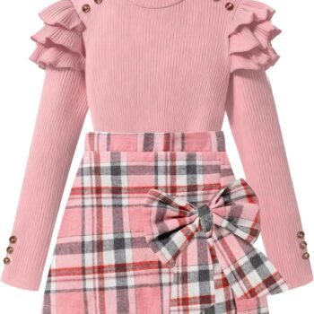 Girls Clothes Ruffle Long Sleeve shirt Top and Bowtie Plaid Skort Set 2PCS Girls Fall Outfits 6-16 Years