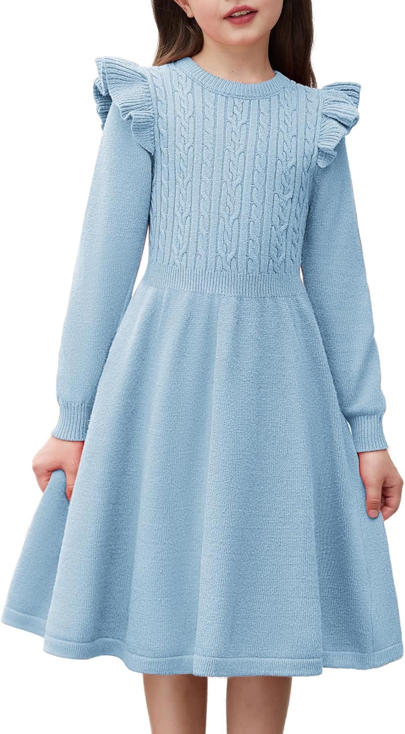 Girls Sweater Dress Fall Winter Lantern Long Sleeve Cable Knit Pullover Midi Dresses