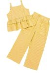 Girl's 2 Piece Striped Outfits Cami Top Wide Leg Pants Ruffle Hem Summer Clothes with 2 Pockets 3-14Y