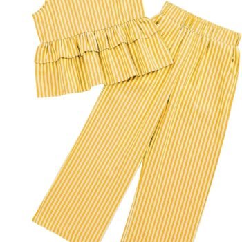 Girl's 2 Piece Striped Outfits Cami Top Wide Leg Pants Ruffle Hem Summer Clothes with 2 Pockets 3-14Y