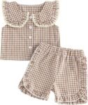 Baby Girls Summer Outfit Doll Collar Sleeveless Vest Tops Plaid Print Elastic Waist Shorts Set Gingham Toddler Clothes