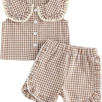 Baby Girls Summer Outfit Doll Collar Sleeveless Vest Tops Plaid Print Elastic Waist Shorts Set Gingham Toddler Clothes